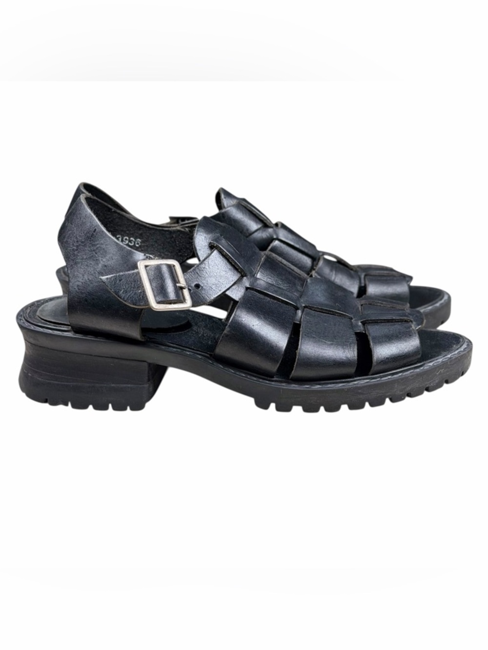 Vintage 90s MIA Black Leather Fisherman Chunky Grunge Sandals Block Heel
